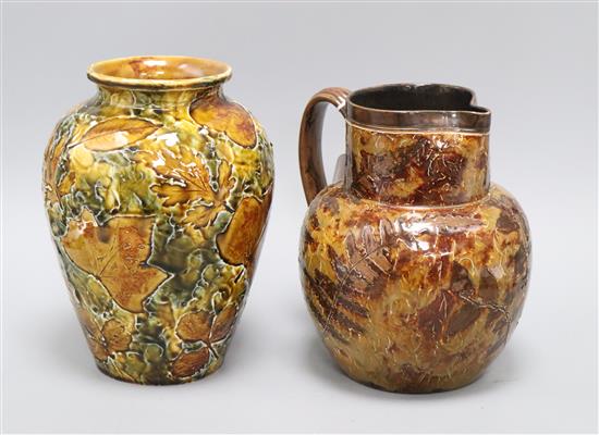 A Doulton Lambeth Autumn Leaves globular jug, c.1895 and a similar ovoid vase,